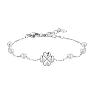 BRACCIALE DONNA IN ACCIAIO CON PERLE E QUADRIFOGLIO