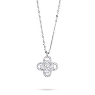 Collana girocollo con quadrifoglio pendente definito da zirconi e fiore centrale