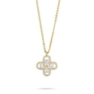 Collana girocollo placcata oro giallo con quadrifoglio pendente definito da zirconi e fiore centrale crystal