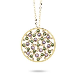 Collana placcata oro giallo con pendente grande di cristalli crystal, verde erinite e light ametist