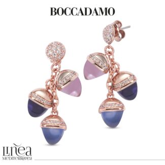 Orecchini placcati oro rosa con cristalli piramidali pendenti e zirconi