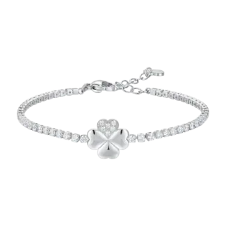 BRACCIALE TENNIS DONNA IN ACCIAIO CON QUADRIFOGLIO E PUNTI LUCE ZIRCONE BIANCO