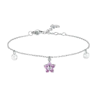 BRACCIALE DONNA IN ACCIAIO CON PENDENTE FIORE E PETALI ZIRCONE ROSA