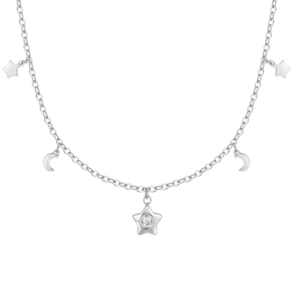 COLLANA DONNA IN ACCIAIO, STELLA CON ZIRCONE BIANCO, LUNE E STELLE