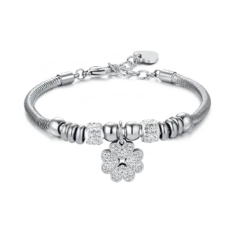 BRACCIALE DONNA IN ACCIAIO CON QUADRIFOGLIO CON CRISTALLI BIANCHI