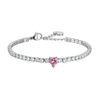 BRACCIALE DONNA IN ACCIAIO CON CRISTALLI BIANCHI E CUORE CRISTALLO ROSA