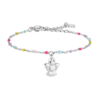 BRACCIALE BAMBINA IN ACCIAIO CON ANGELO ED ELEMENTI MULTICOLOR