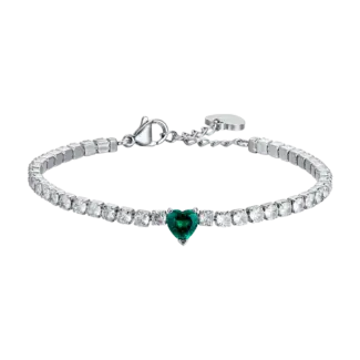 BRACCIALE TENNIS DONNA IN ACCIAIO CON CRISTALLI BIANCHI E CUORE CRISTALLO VERDE
